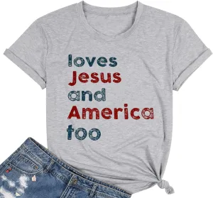 4th of July Shirts for Women Loves Jesus and America Too Shirt Patriotic Shirts Red White and Blue Tshirts