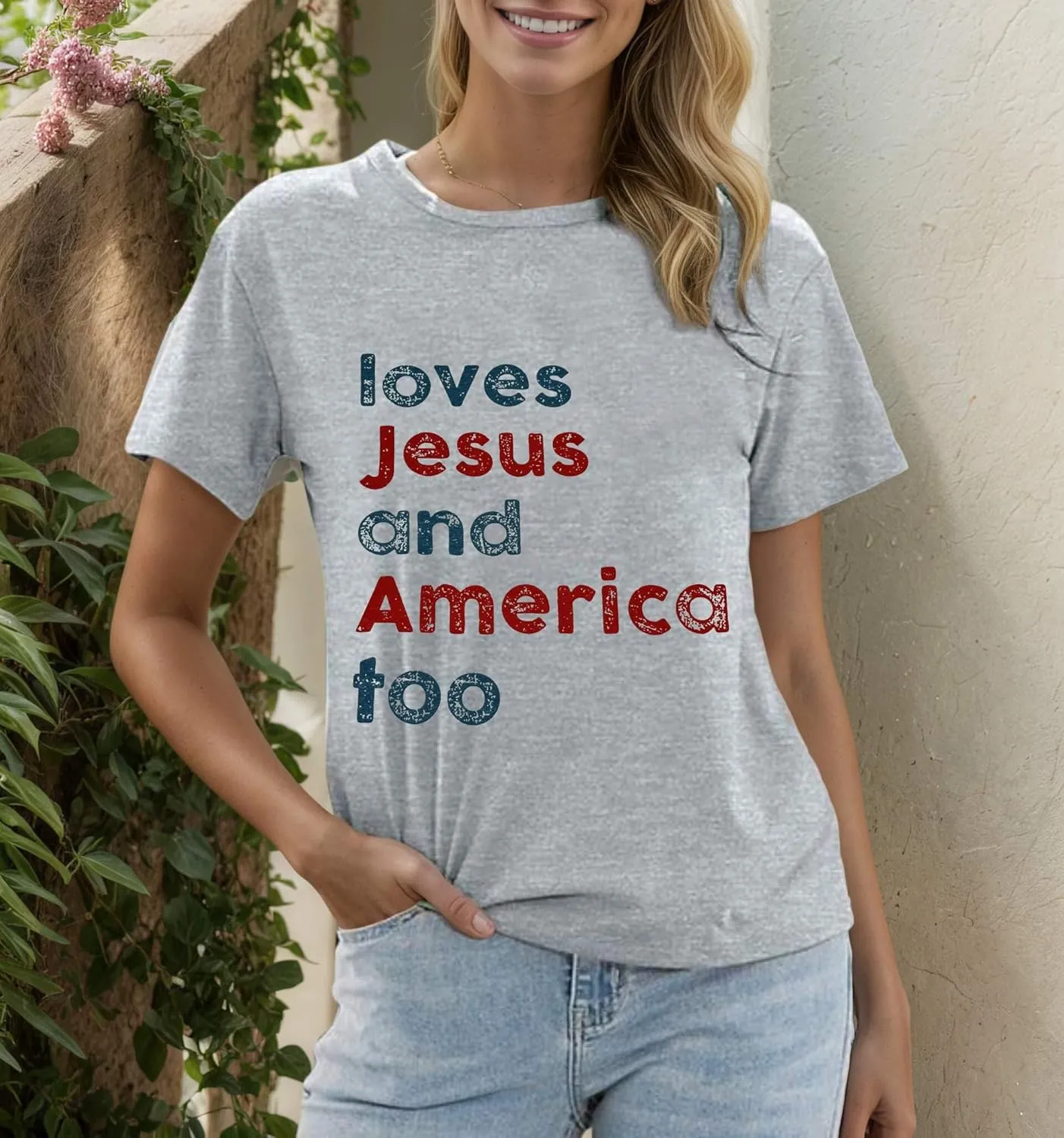 4th of July Shirts for Women Loves Jesus and America Too Shirt Patriotic Shirts Red White and Blue Tshirts
