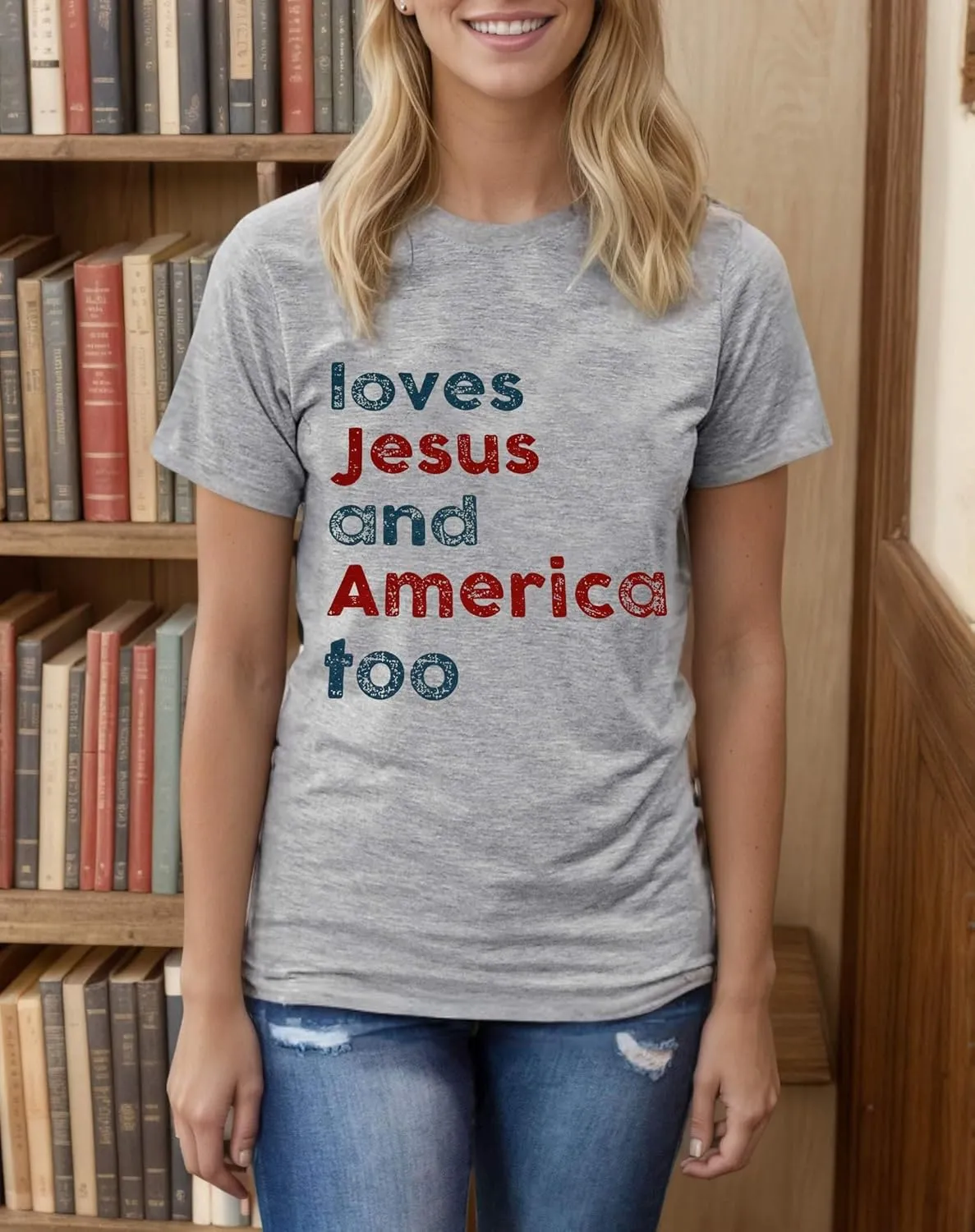 4th of July Shirts for Women Loves Jesus and America Too Shirt Patriotic Shirts Red White and Blue Tshirts
