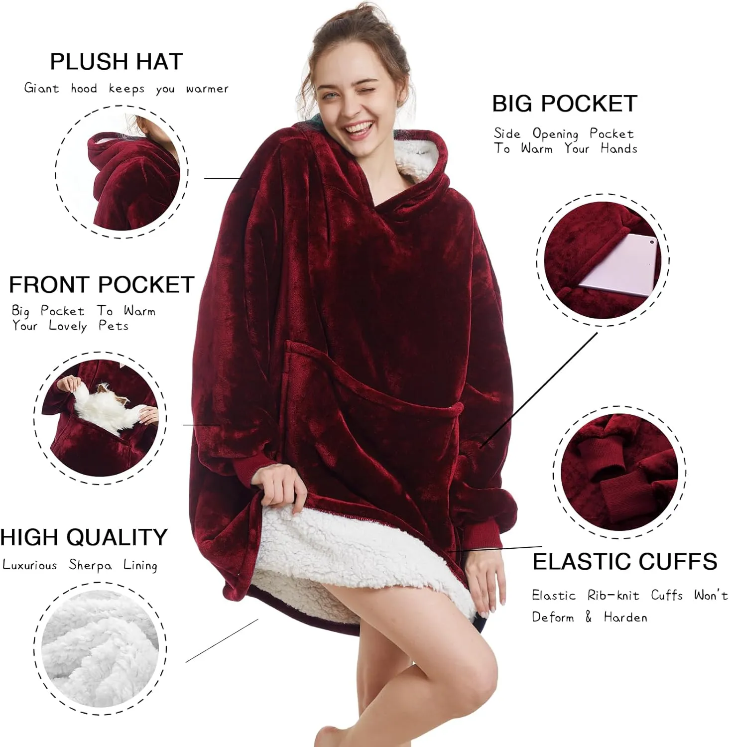 Aemilas Wearable Blanket Hoodie - Warm Sherpa Blanket Sweatshirt as Gifts for Adult Women Mom Men, One Size Fits All