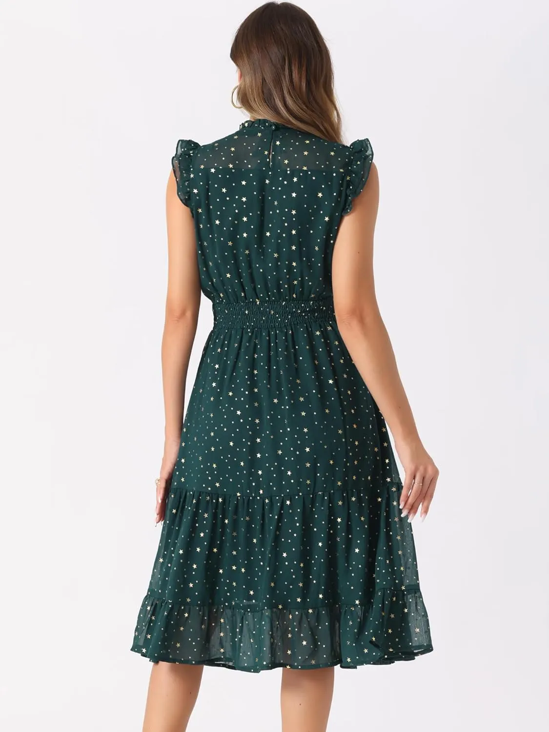 Allegra K Casual Chiffon Midi Dress for Women's Sleeveless Smocked Waist Gilding Metallic Stars Party Dresses