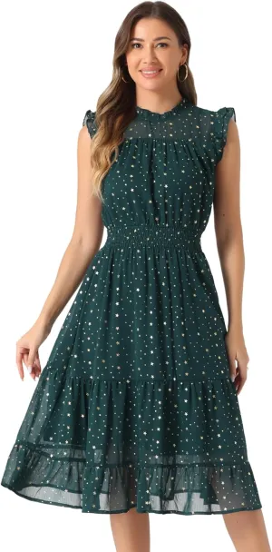 Allegra K Casual Chiffon Midi Dress for Women's Sleeveless Smocked Waist Gilding Metallic Stars Party Dresses