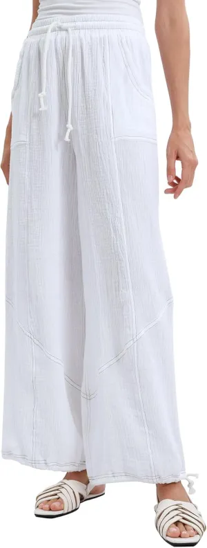 Amazhiyu Women's Cotton Gauze Cargo Joggers Summer Casual Drawstring Flowy Pants White, Medium