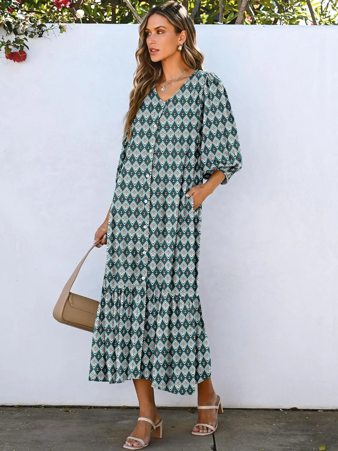 ANRABESS Boho Maxi Dresses for Women Summer Puff Sleeve V Neck Flowy Long Casual Dress with Pockets 2025 Vacation Outfits