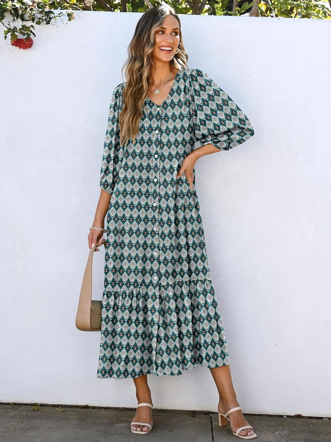 ANRABESS Boho Maxi Dresses for Women Summer Puff Sleeve V Neck Flowy Long Casual Dress with Pockets 2025 Vacation Outfits