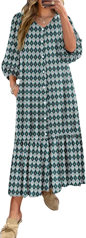 ANRABESS Boho Maxi Dresses for Women Summer Puff Sleeve V Neck Flowy Long Casual Dress with Pockets 2025 Vacation Outfits
