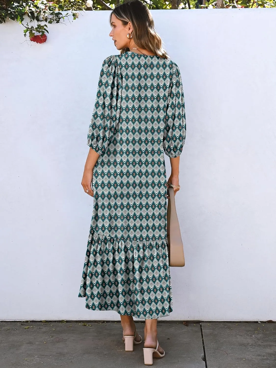 ANRABESS Boho Maxi Dresses for Women Summer Puff Sleeve V Neck Flowy Long Casual Dress with Pockets 2025 Vacation Outfits