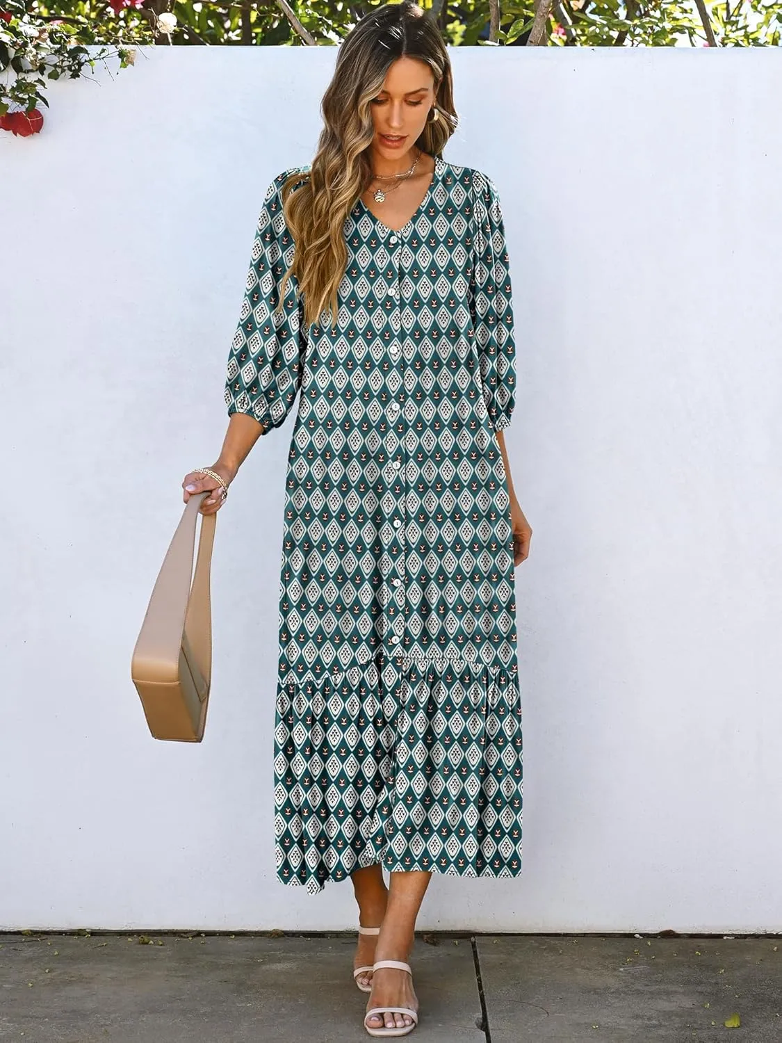 ANRABESS Boho Maxi Dresses for Women Summer Puff Sleeve V Neck Flowy Long Casual Dress with Pockets 2025 Vacation Outfits