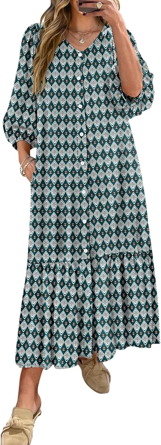 ANRABESS Boho Maxi Dresses for Women Summer Puff Sleeve V Neck Flowy Long Casual Dress with Pockets 2025 Vacation Outfits