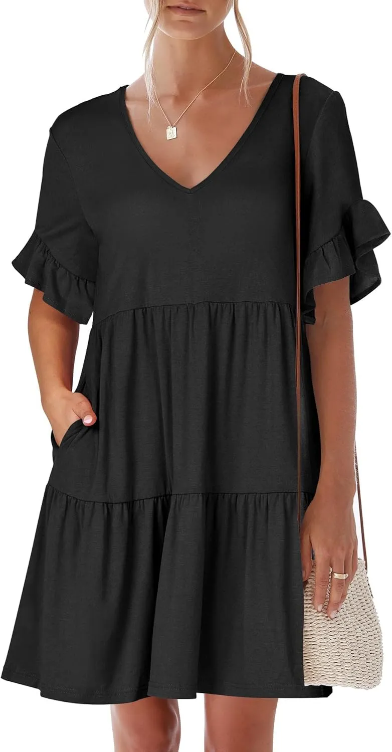 ANRABESS Dresses for Women Summer 2025 V Neck Ruffle Sleeve A Line Tiered Flowy Casual Trendy Mini Beach Dress with Pockets