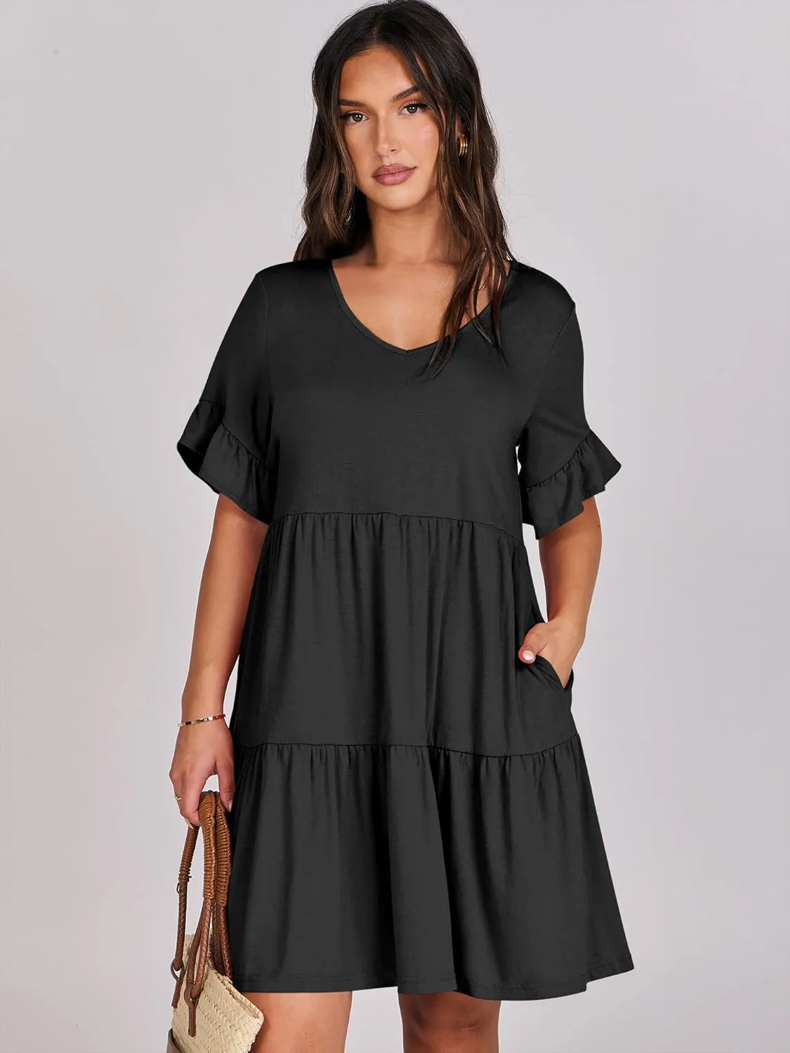 ANRABESS Dresses for Women Summer 2025 V Neck Ruffle Sleeve A Line Tiered Flowy Casual Trendy Mini Beach Dress with Pockets