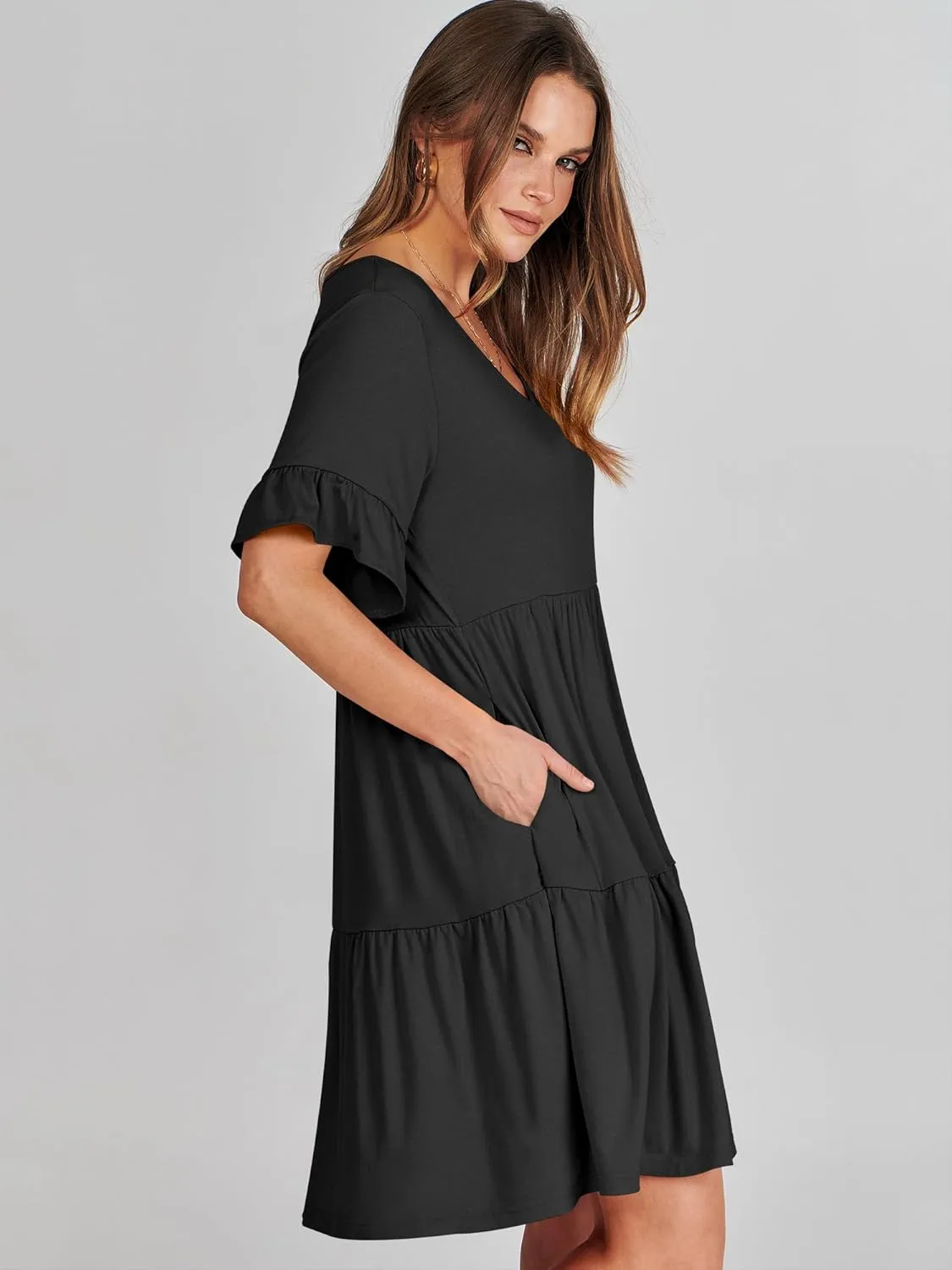 ANRABESS Dresses for Women Summer 2025 V Neck Ruffle Sleeve A Line Tiered Flowy Casual Trendy Mini Beach Dress with Pockets