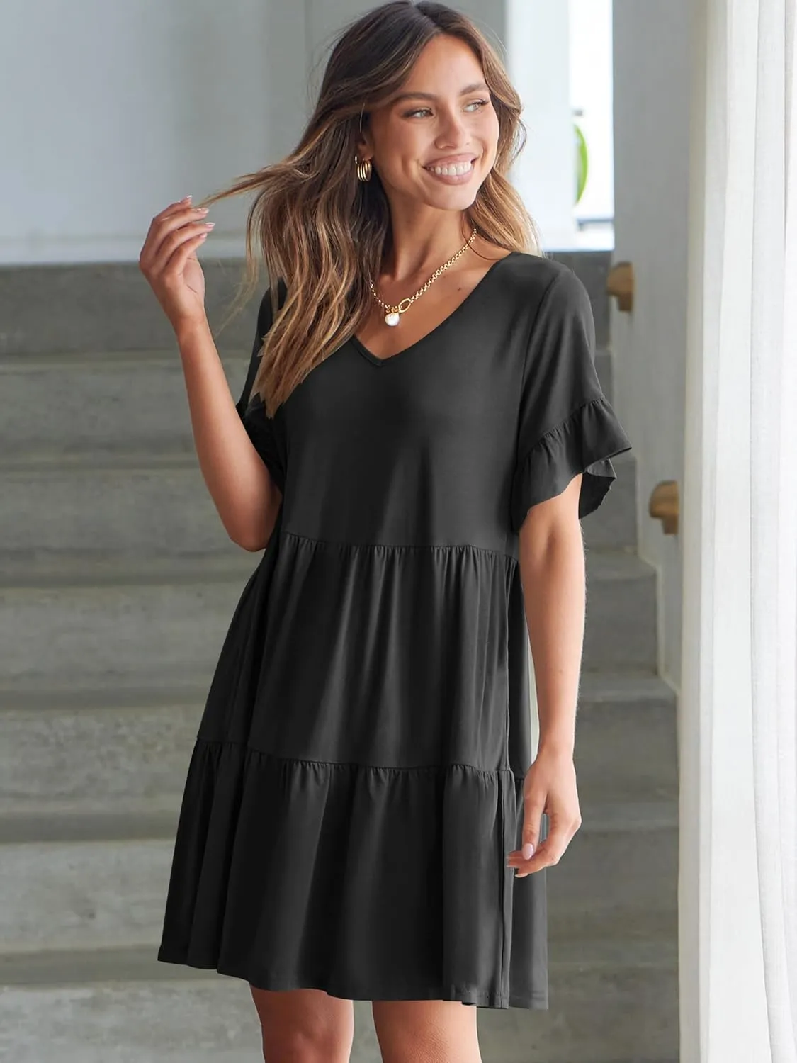 ANRABESS Dresses for Women Summer 2025 V Neck Ruffle Sleeve A Line Tiered Flowy Casual Trendy Mini Beach Dress with Pockets