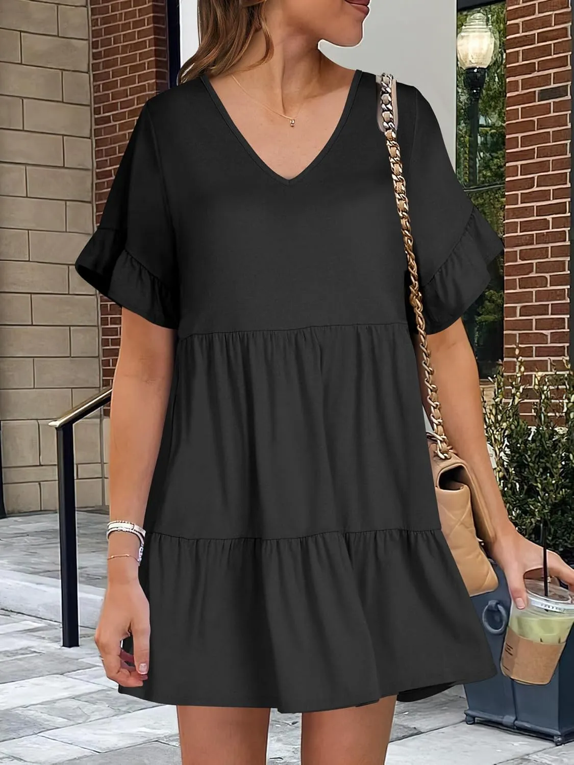 ANRABESS Dresses for Women Summer 2025 V Neck Ruffle Sleeve A Line Tiered Flowy Casual Trendy Mini Beach Dress with Pockets