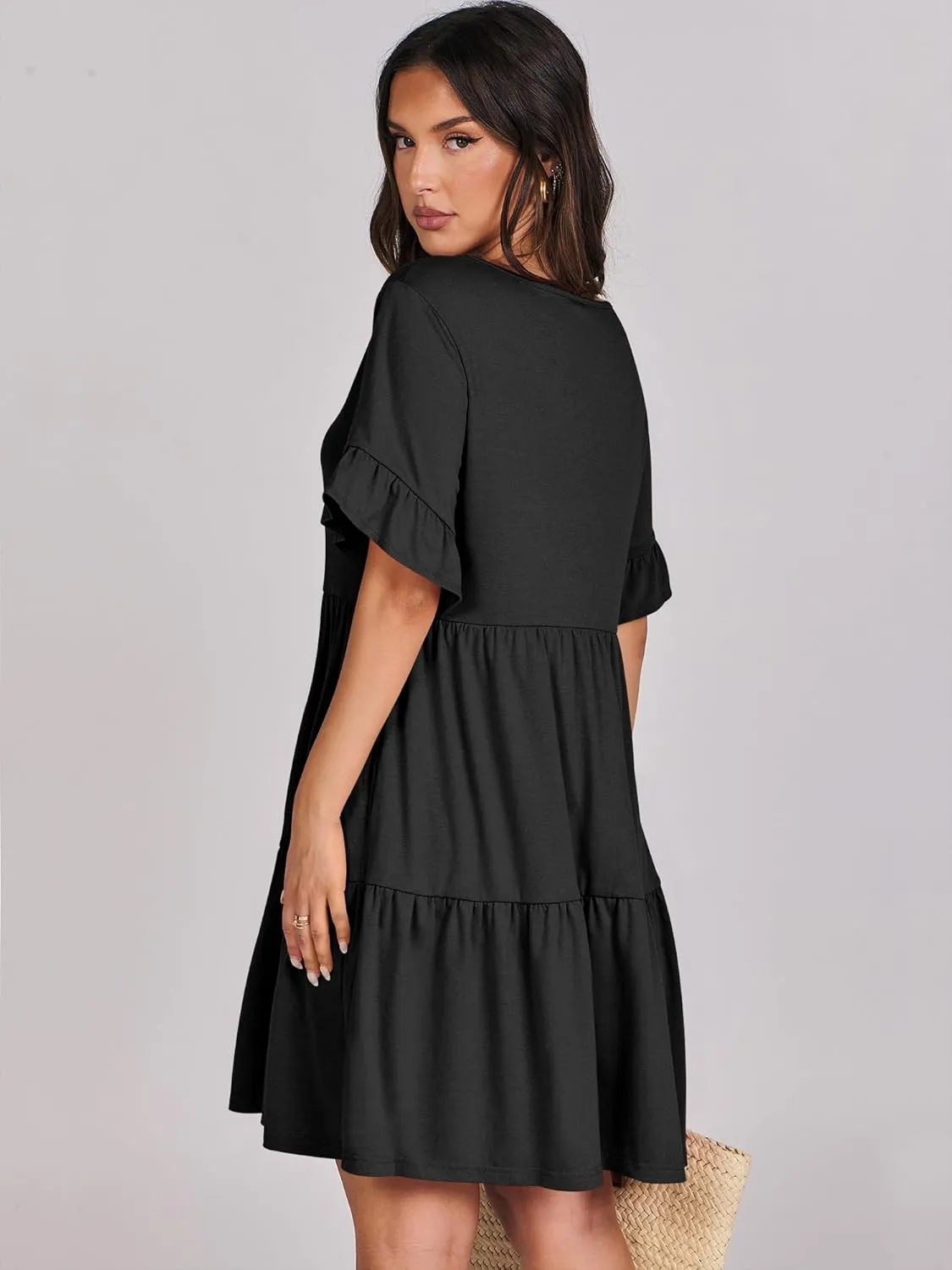 ANRABESS Dresses for Women Summer 2025 V Neck Ruffle Sleeve A Line Tiered Flowy Casual Trendy Mini Beach Dress with Pockets