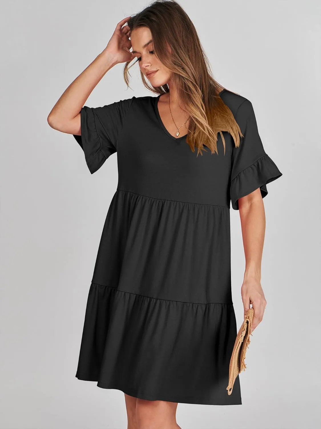 ANRABESS Dresses for Women Summer 2025 V Neck Ruffle Sleeve A Line Tiered Flowy Casual Trendy Mini Beach Dress with Pockets