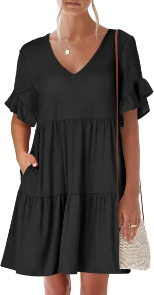ANRABESS Dresses for Women Summer 2025 V Neck Ruffle Sleeve A Line Tiered Flowy Casual Trendy Mini Beach Dress with Pockets