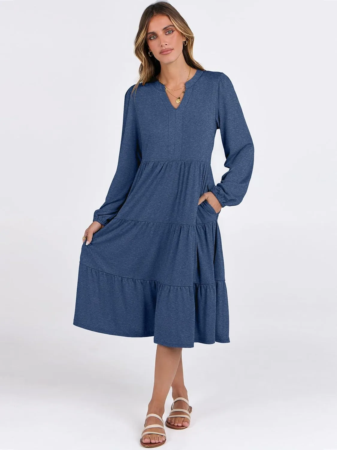 ANRABESS Long Sleeve Dress for Women V Neck 2025 Spring Fashion Casual Loose Fit Flowy Swing Tiered Vacation Dresses