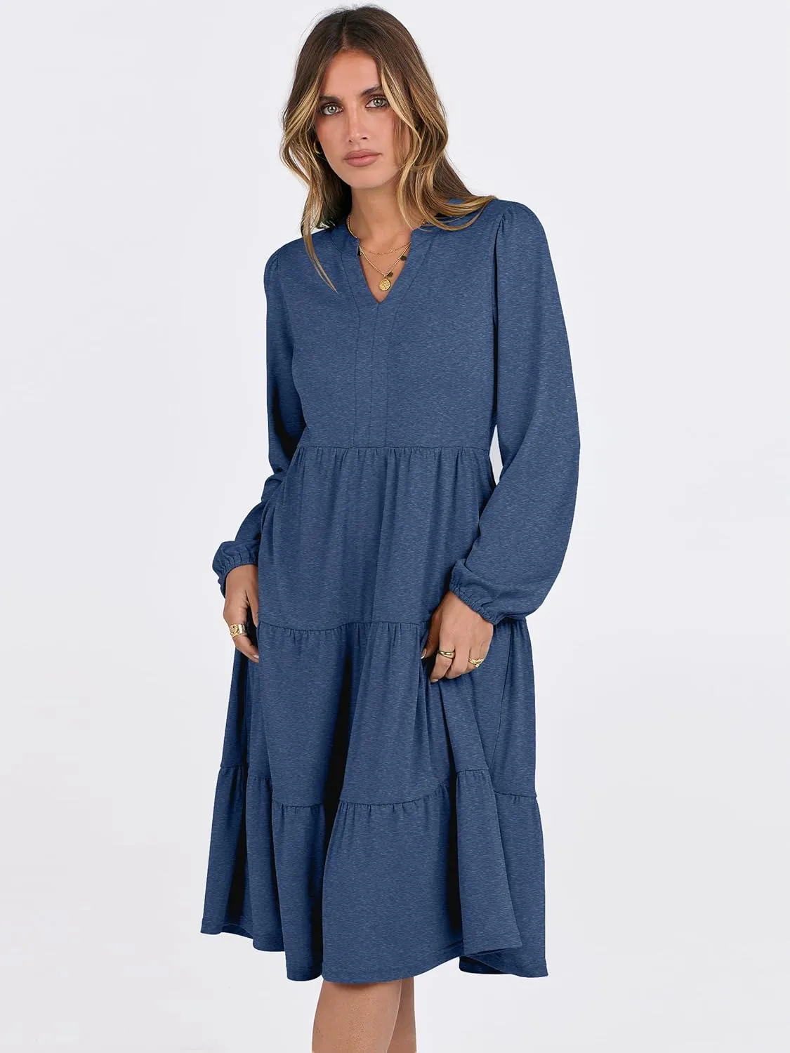 ANRABESS Long Sleeve Dress for Women V Neck 2025 Spring Fashion Casual Loose Fit Flowy Swing Tiered Vacation Dresses