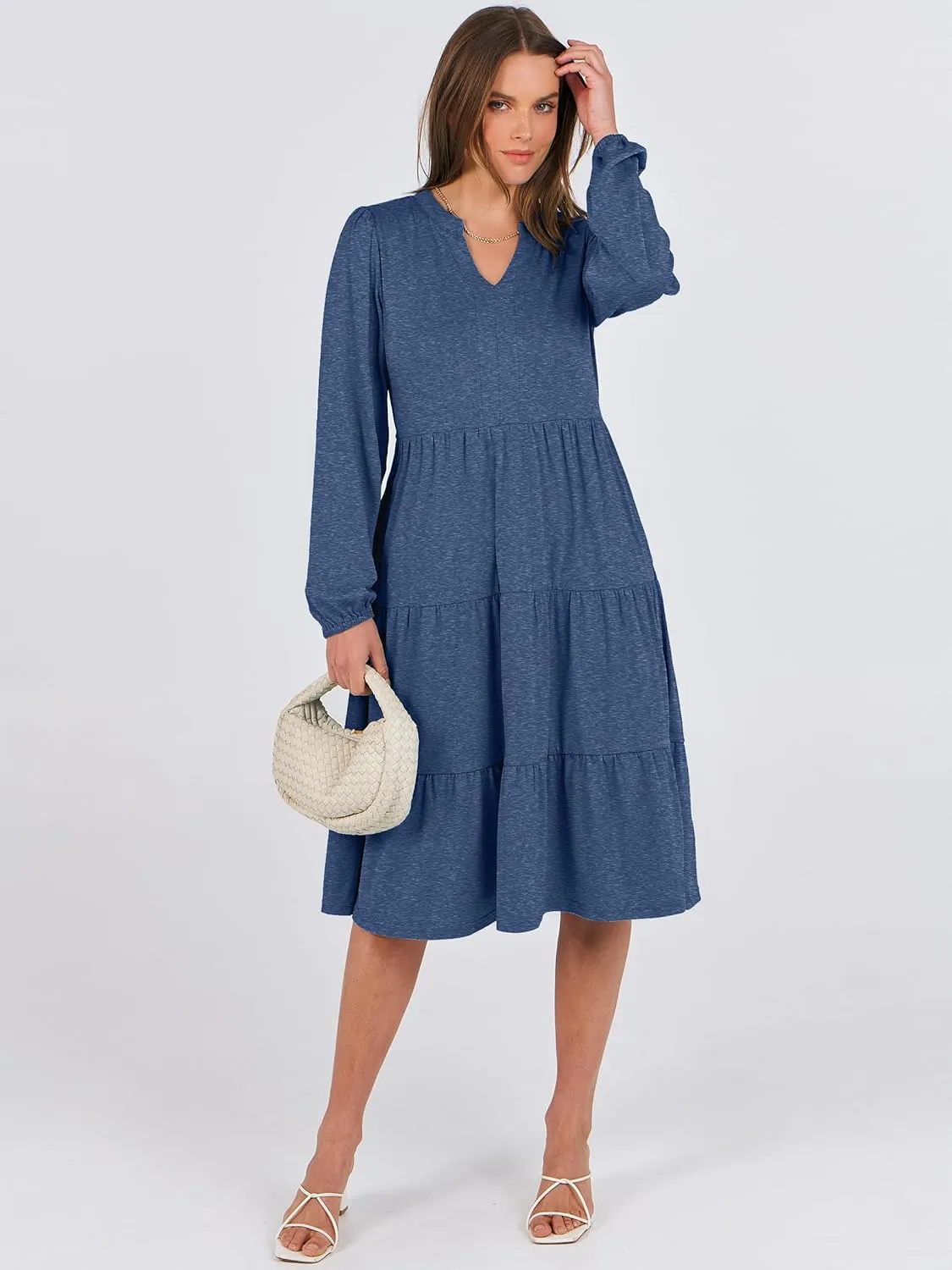 ANRABESS Long Sleeve Dress for Women V Neck 2025 Spring Fashion Casual Loose Fit Flowy Swing Tiered Vacation Dresses