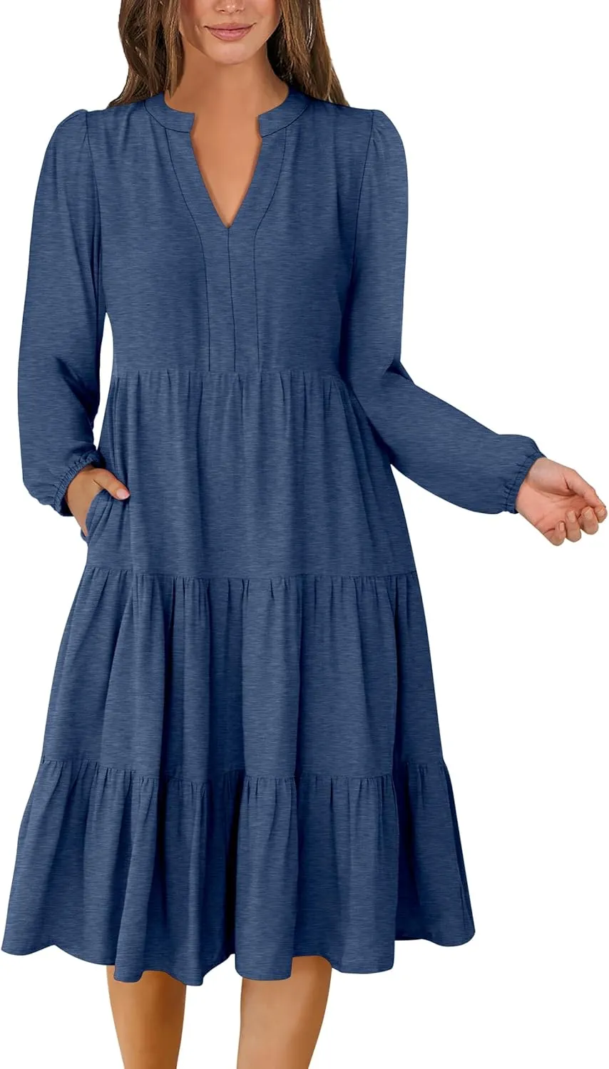 ANRABESS Long Sleeve Dress for Women V Neck 2025 Spring Fashion Casual Loose Fit Flowy Swing Tiered Vacation Dresses