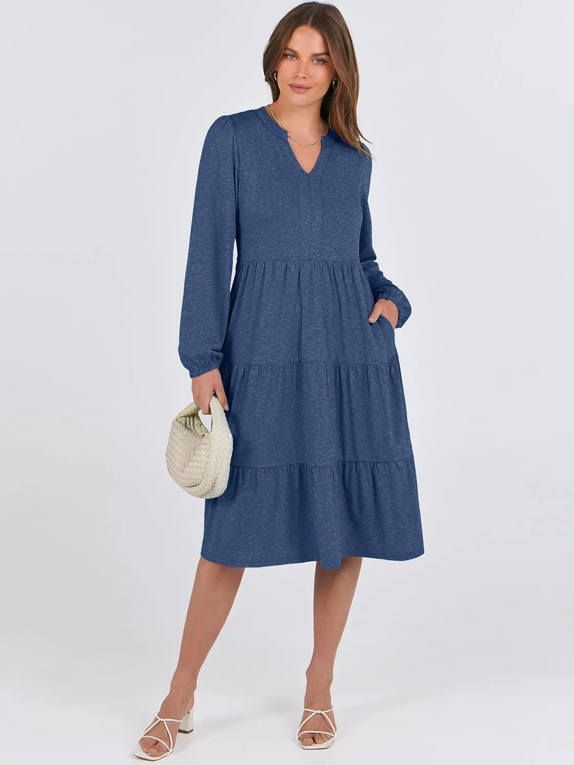 ANRABESS Long Sleeve Dress for Women V Neck 2025 Spring Fashion Casual Loose Fit Flowy Swing Tiered Vacation Dresses