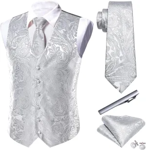 Barry.Wang Formal Men Flower Vest Paisley Jacquard Silk Ties Suit Waistcoat Set Wedding 5PCS