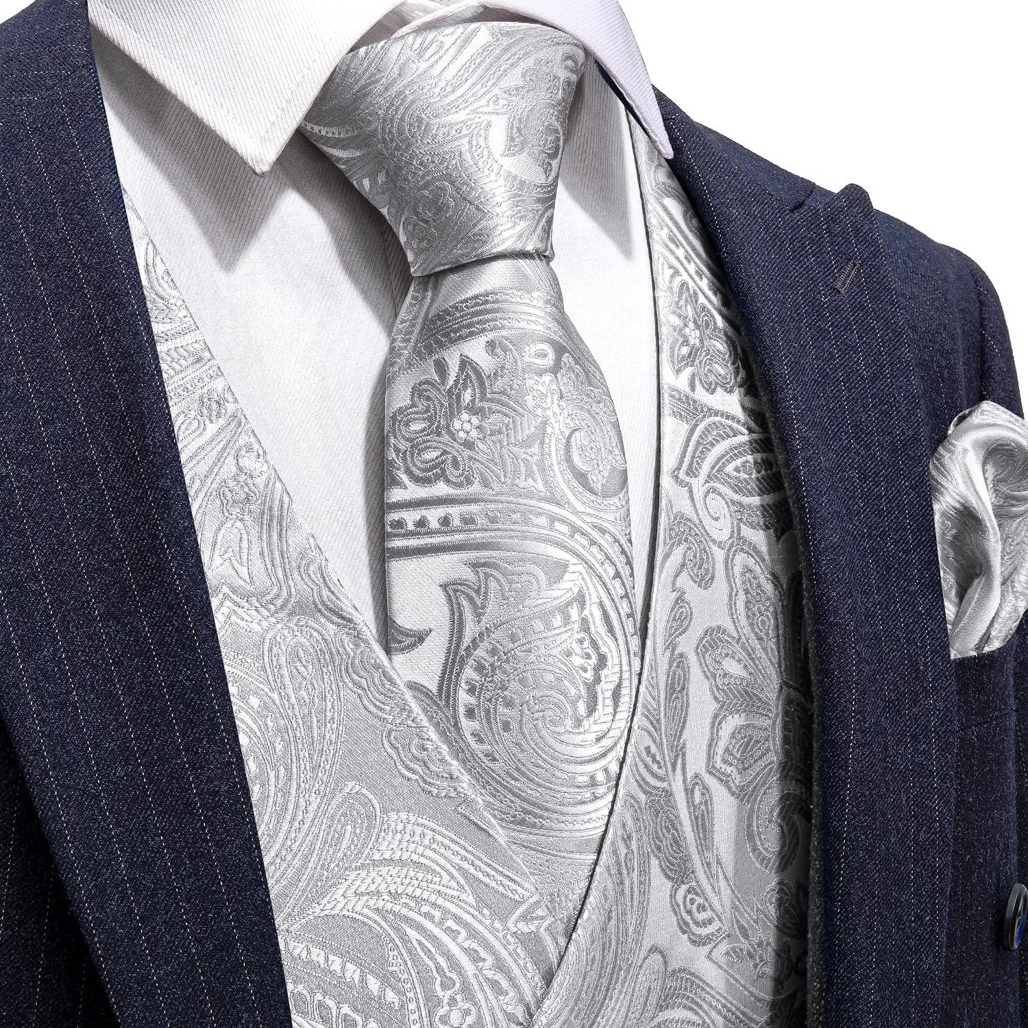 Barry.Wang Formal Men Flower Vest Paisley Jacquard Silk Ties Suit Waistcoat Set Wedding 5PCS