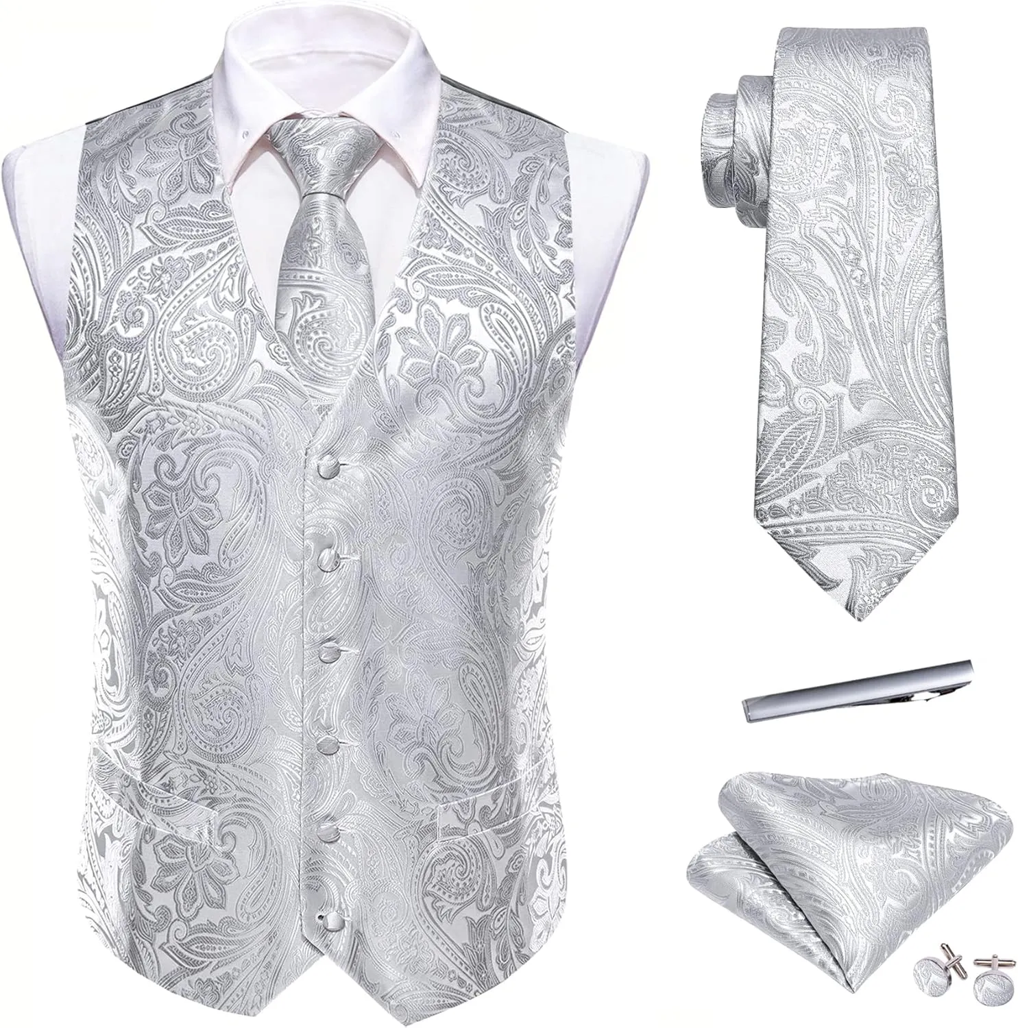 Barry.Wang Formal Men Flower Vest Paisley Jacquard Silk Ties Suit Waistcoat Set Wedding 5PCS