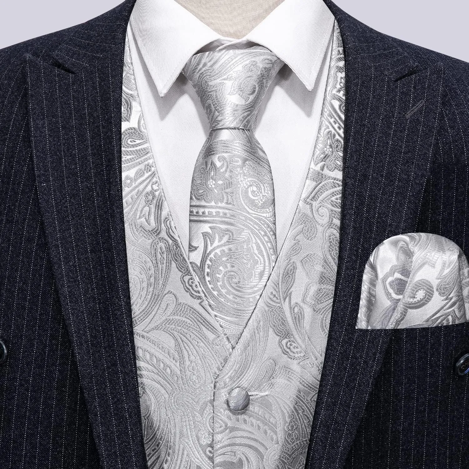 Barry.Wang Formal Men Flower Vest Paisley Jacquard Silk Ties Suit Waistcoat Set Wedding 5PCS