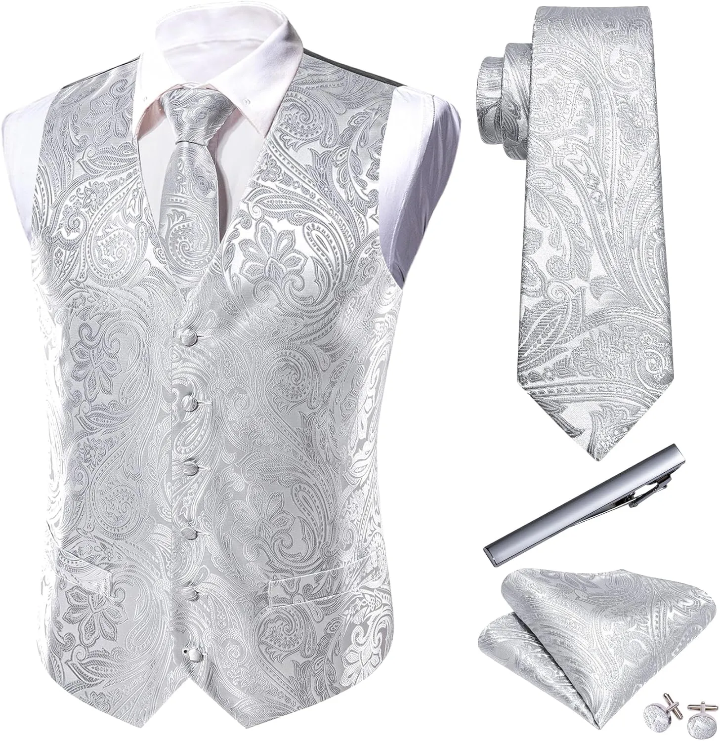 Barry.Wang Formal Men Flower Vest Paisley Jacquard Silk Ties Suit Waistcoat Set Wedding 5PCS