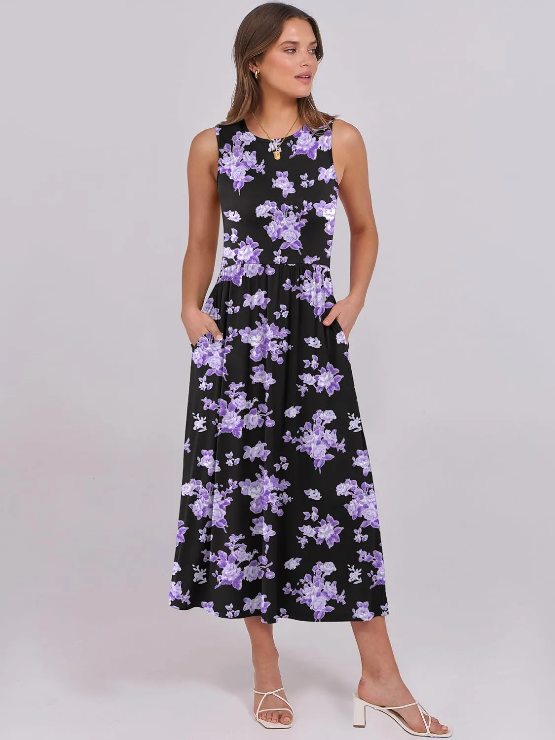 Caracilia Womens Summer Sleeveless Midi Dress Casual Floral Printed A-Line Tank Beach Sundress with Pockets