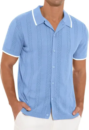 Casual Knit Shirts for Men Vintage Short Sleeve Button Down Vacation T-Shirts Summer Stretch Fit Textured Beach Tops