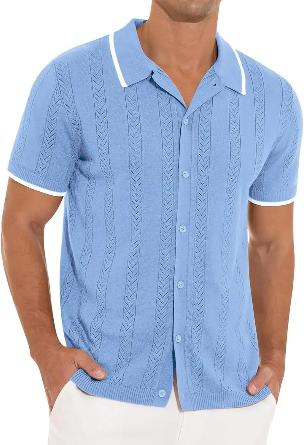 Casual Knit Shirts for Men Vintage Short Sleeve Button Down Vacation T-Shirts Summer Stretch Fit Textured Beach Tops
