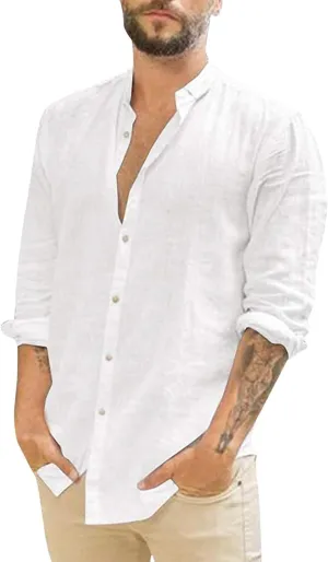 Casual Long Sleeve Linen Shirt Mens Roll Sleeve Hawaiian Wedding Camping Party T-Shirts Beach Vacation Summer Tees