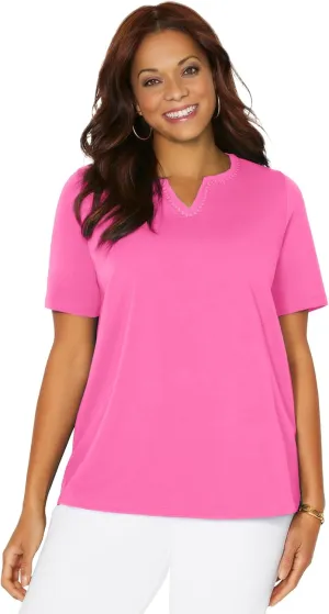 Catherines Women's Plus Size Suprema Embroidered Notch-Neck Tee