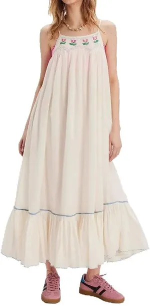 chouyatou Women's Summer Embroidered Floral Beach Dress Spaghetti Strap A-Line Maxi Long Dress
