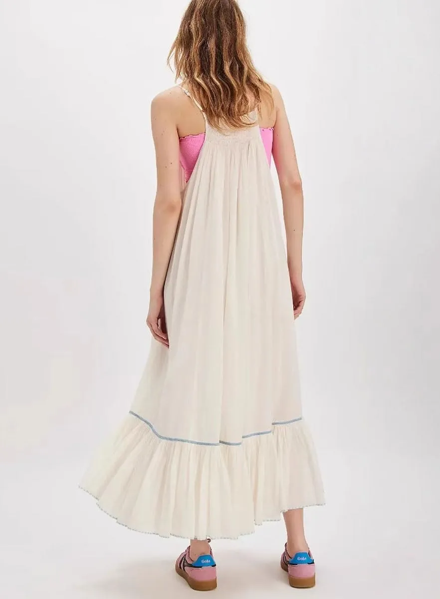chouyatou Women's Summer Embroidered Floral Beach Dress Spaghetti Strap A-Line Maxi Long Dress