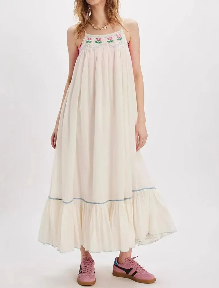 chouyatou Women's Summer Embroidered Floral Beach Dress Spaghetti Strap A-Line Maxi Long Dress