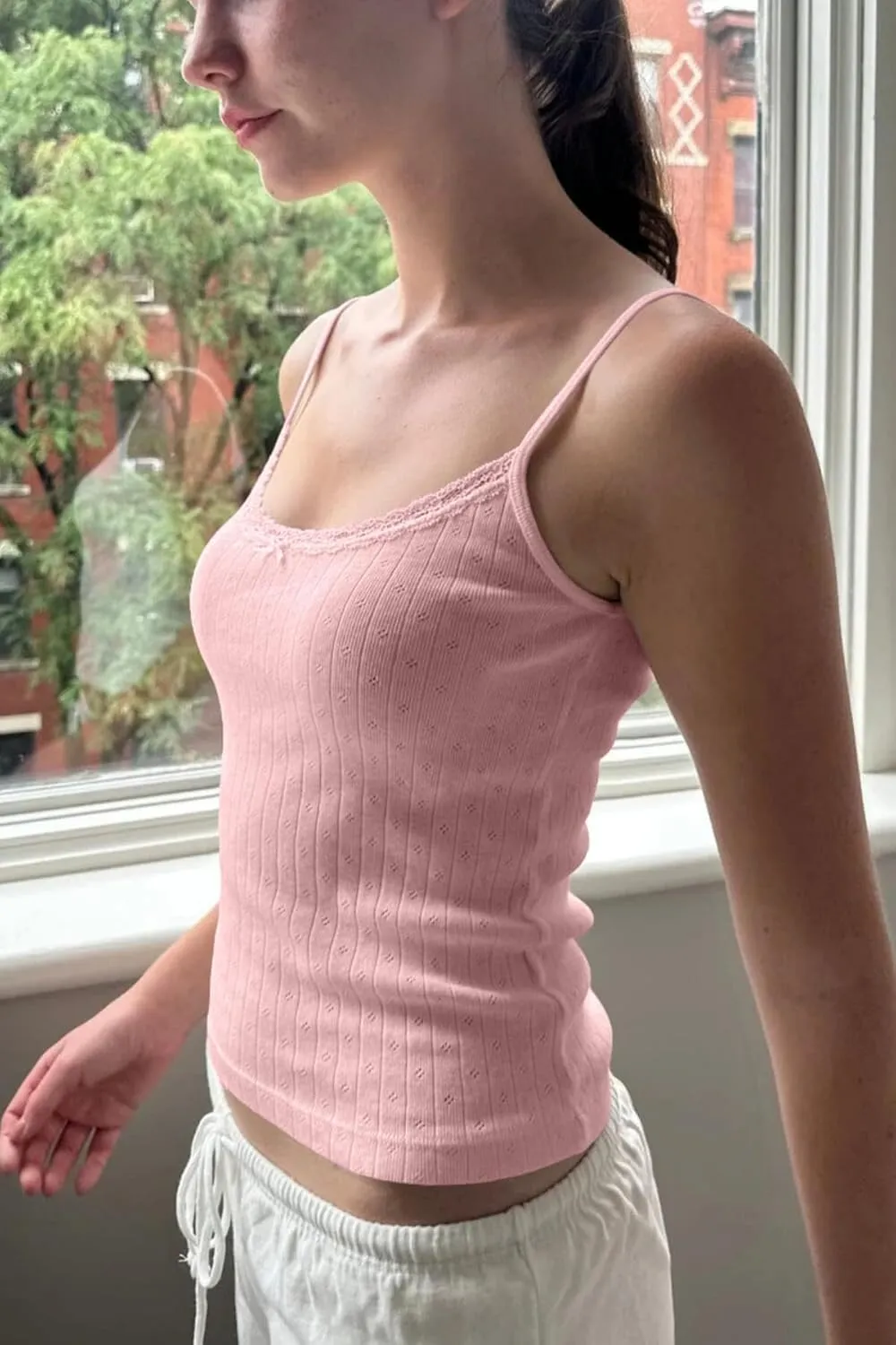 Cioatin Women Cute Y2K Lace Trim Bow Pointelle Knit Crop Cami Tank Sleeveless Slim Fit Minimalist Summer Going Out Tops Girls