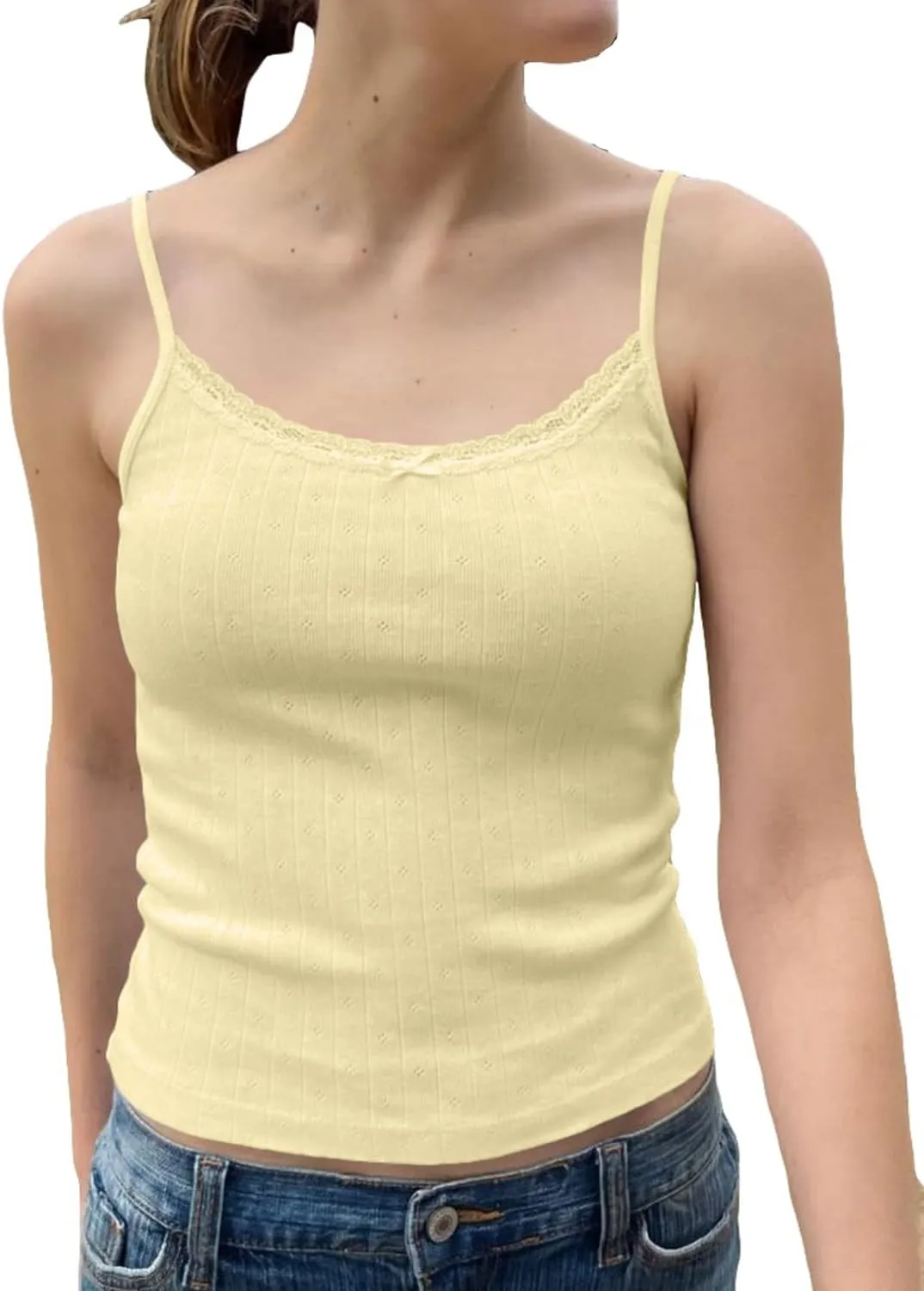 Cioatin Women Cute Y2K Lace Trim Bow Pointelle Knit Crop Cami Tank Sleeveless Slim Fit Minimalist Summer Going Out Tops Girls