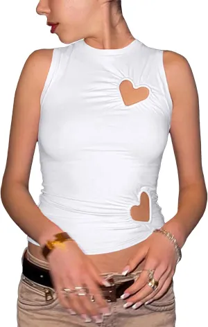 Cioatin Women Y2K Heart Cut Out High Neck Sleeveless Crop Tank Tops Grunge Aesthetic Slim Fit E-Girls Asymmetric Vest Summer