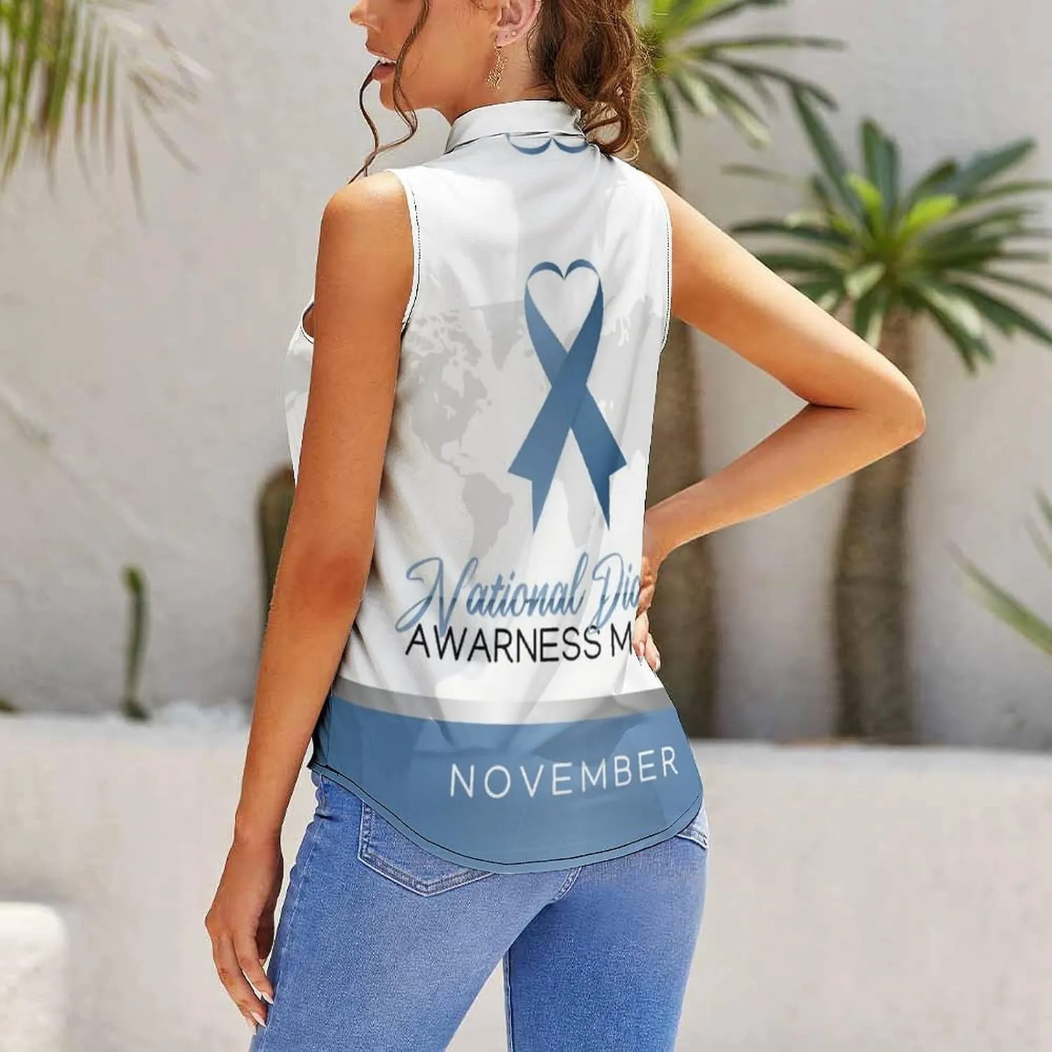 Diabetes Awareness Month Blue Ribbon Women's Shirt Bow Tie Knot Mock Neck Sleeveless Tank Top