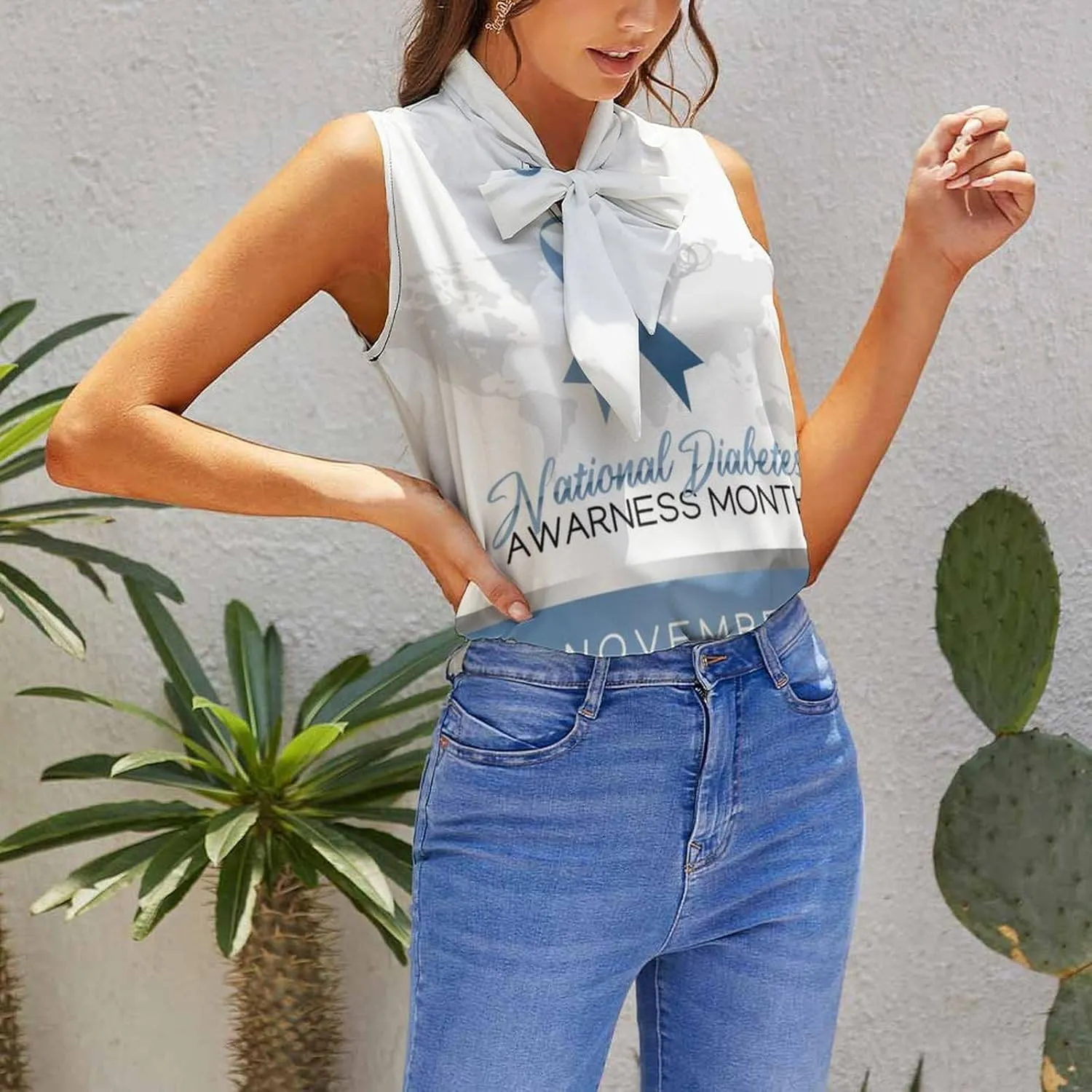 Diabetes Awareness Month Blue Ribbon Women's Shirt Bow Tie Knot Mock Neck Sleeveless Tank Top
