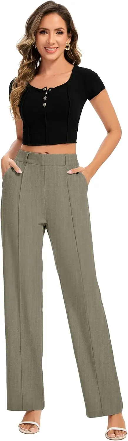 FUNYYZO Women Long Dress Pants High Waisted Work Pants Dressy Casual Straight Leg Elastic Waist Trousers