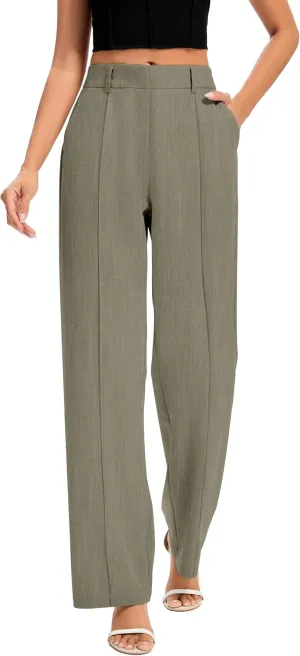 FUNYYZO Women Long Dress Pants High Waisted Work Pants Dressy Casual Straight Leg Elastic Waist Trousers