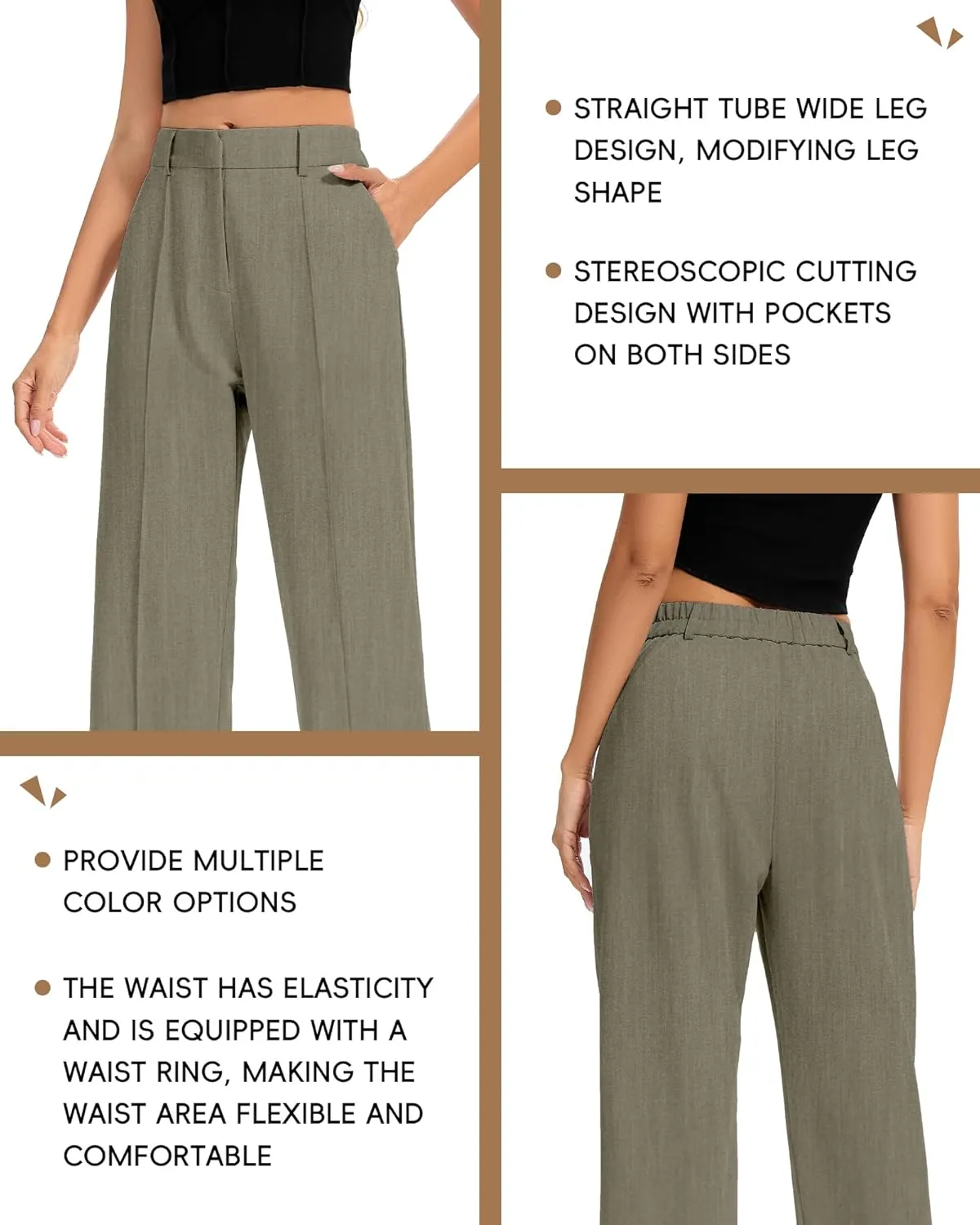 FUNYYZO Women Long Dress Pants High Waisted Work Pants Dressy Casual Straight Leg Elastic Waist Trousers