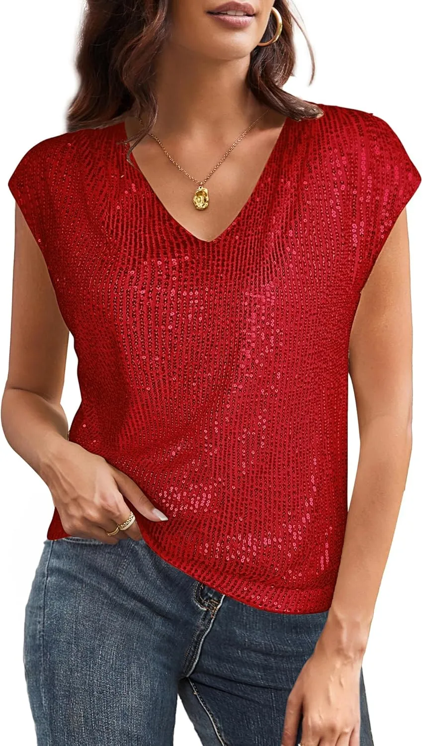GRACE KARIN V Neck Sequin Short Sleeve Tops for Women Elastic Sparkly Tank Top for Party