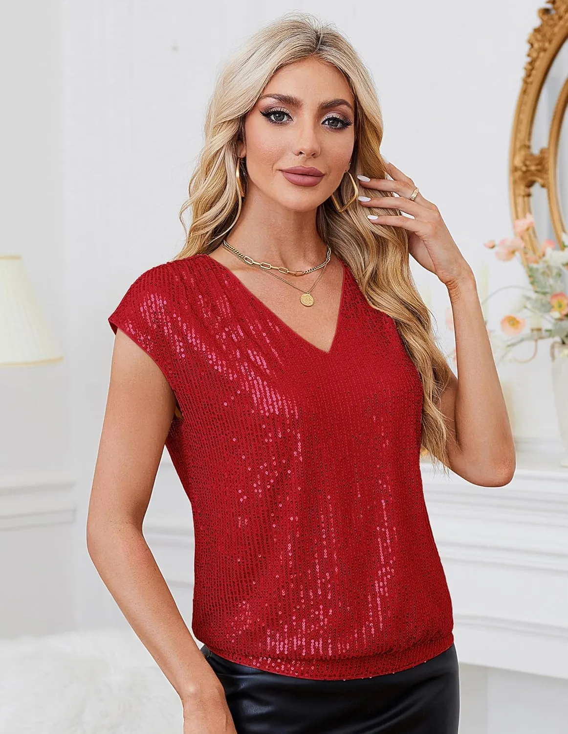 GRACE KARIN V Neck Sequin Short Sleeve Tops for Women Elastic Sparkly Tank Top for Party
