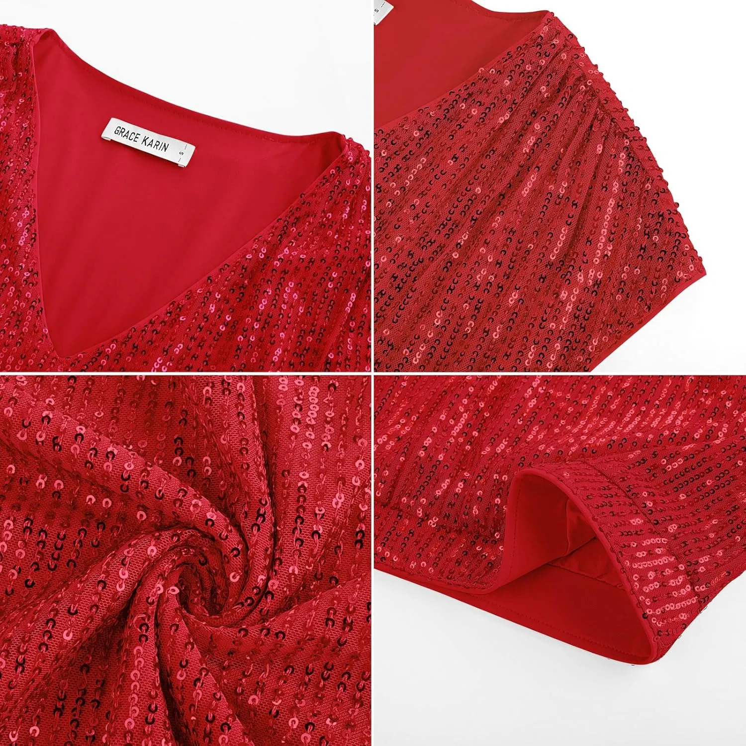 GRACE KARIN V Neck Sequin Short Sleeve Tops for Women Elastic Sparkly Tank Top for Party